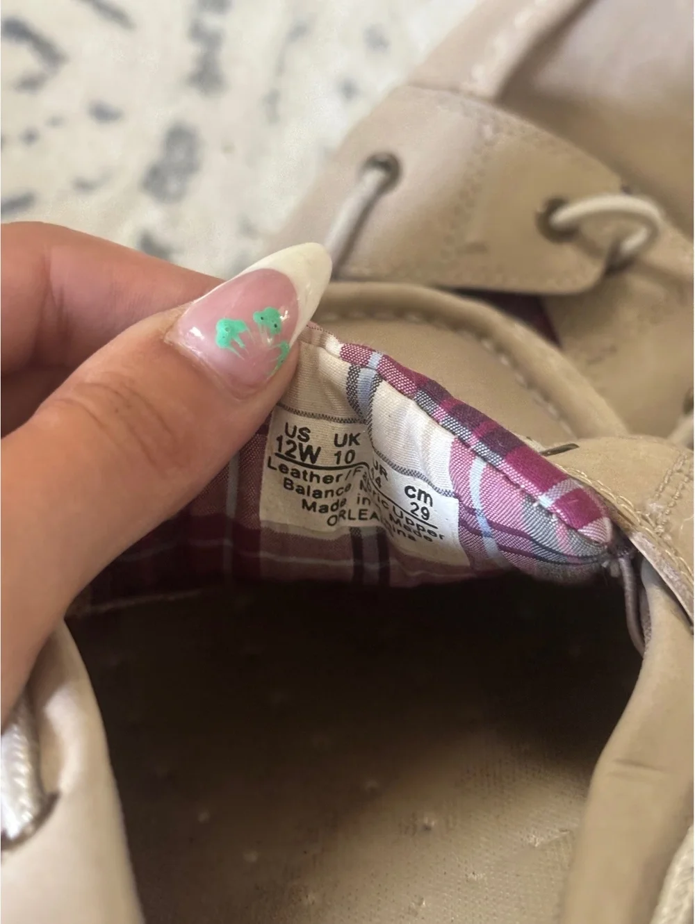 Women's Beige Leather Boat Shoes with Plaid Interior, Size US 12W